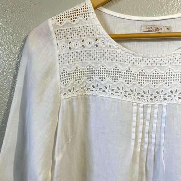 Lina Tomei Tops - Lina Tomei Linen Pleated Lace Blouse Medium Pullover Accent Boho Cottagecore Top